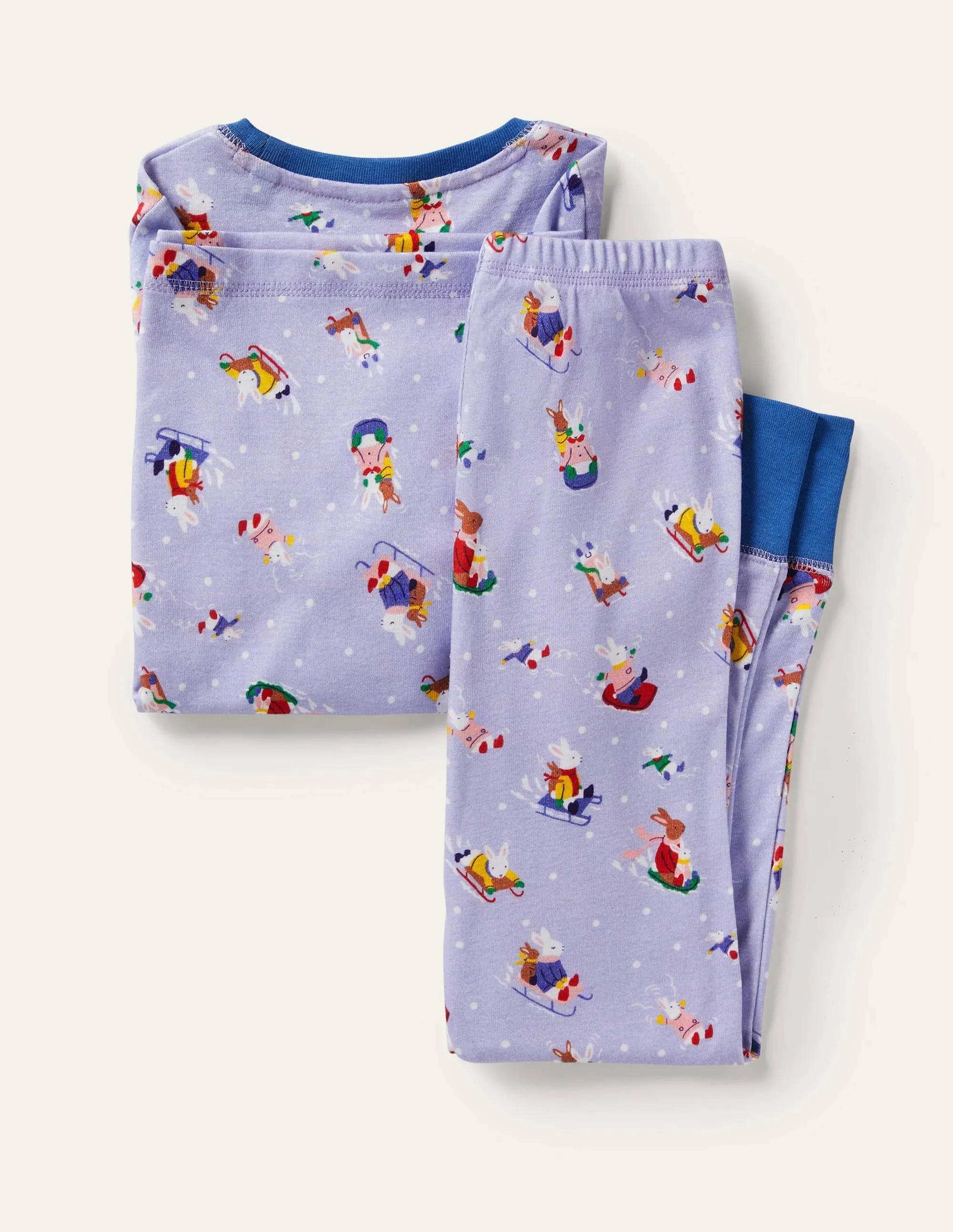 Snug Long John Pyjamas-Winter Sky Blue Snow Bunnies