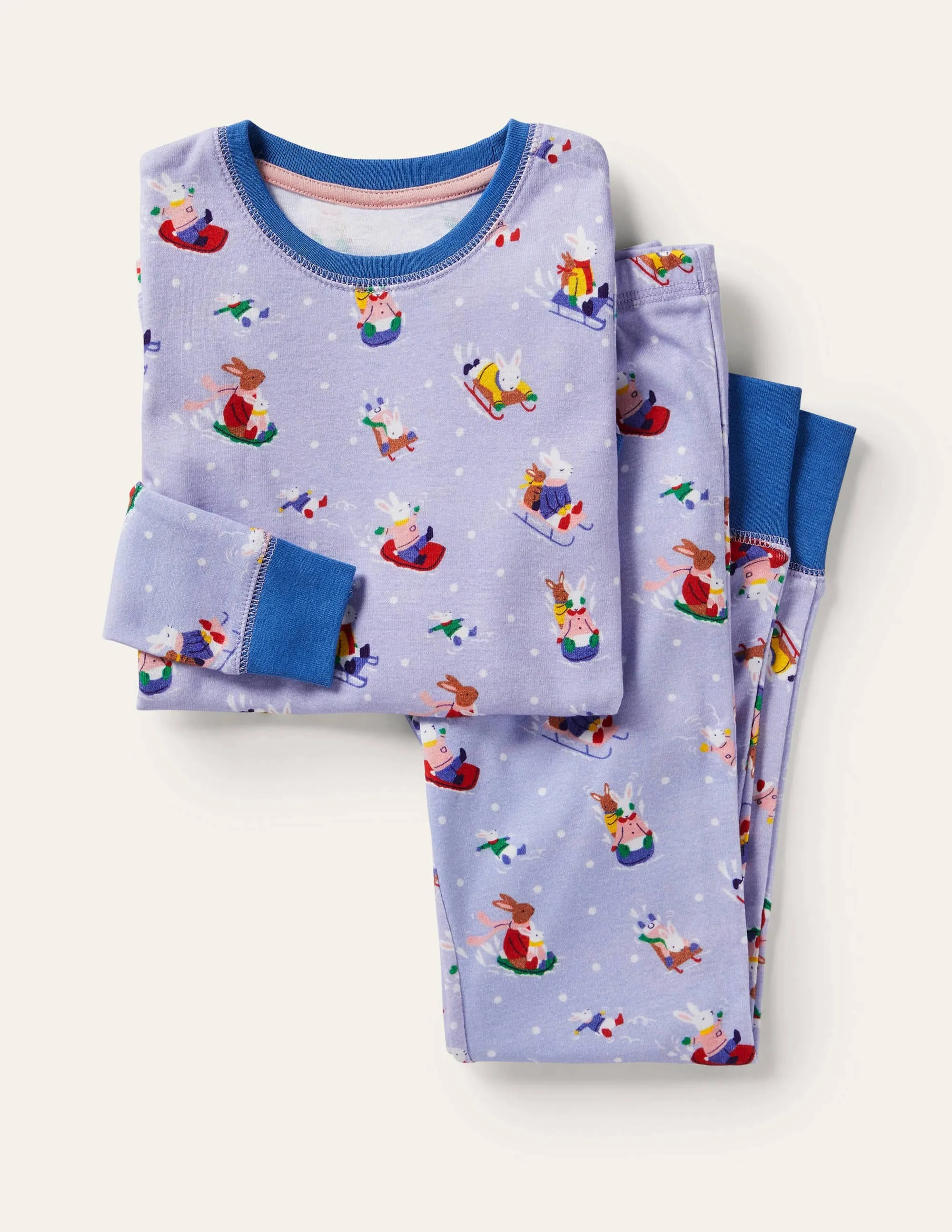 Snug Long John Pyjamas-Winter Sky Blue Snow Bunnies