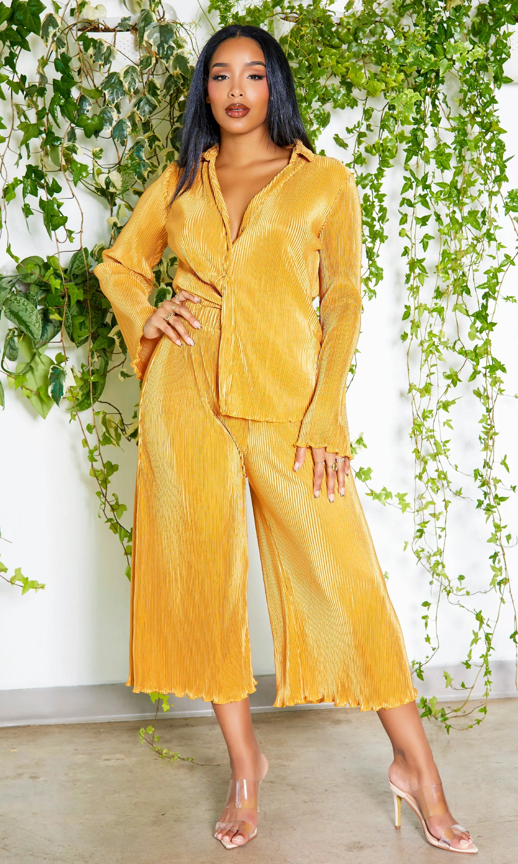 So Cozy Collared Button Down Pants Set - Gold