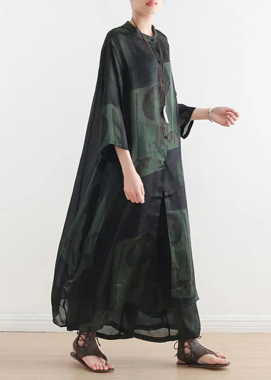 Summer new green print suit long silk wide-leg pants two-piece suit