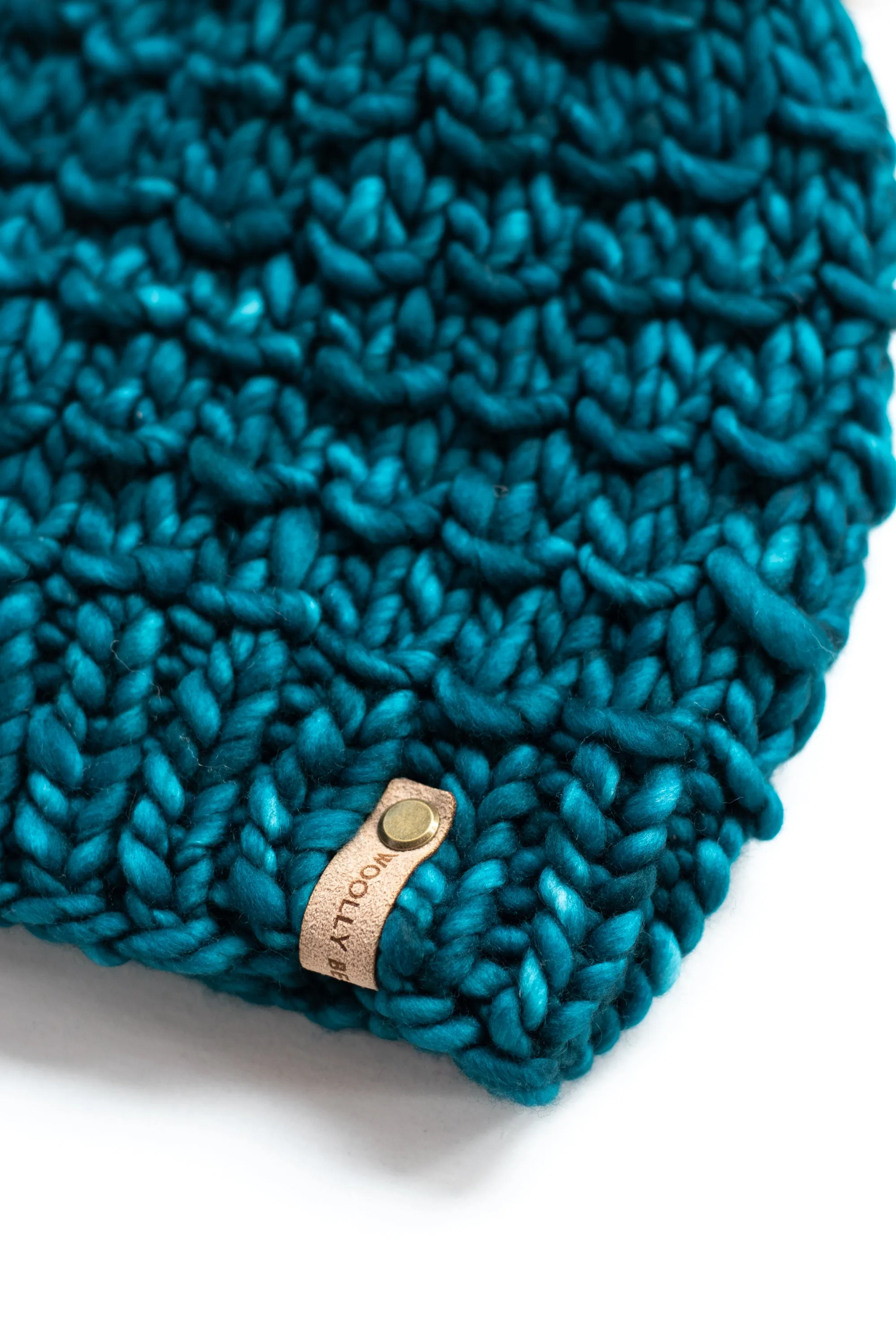 Teal Merino Wool Knit Hat with Faux Fur Pom Pom