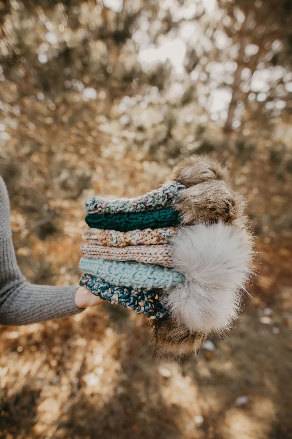 Teal Merino Wool Knit Hat with Faux Fur Pom Pom