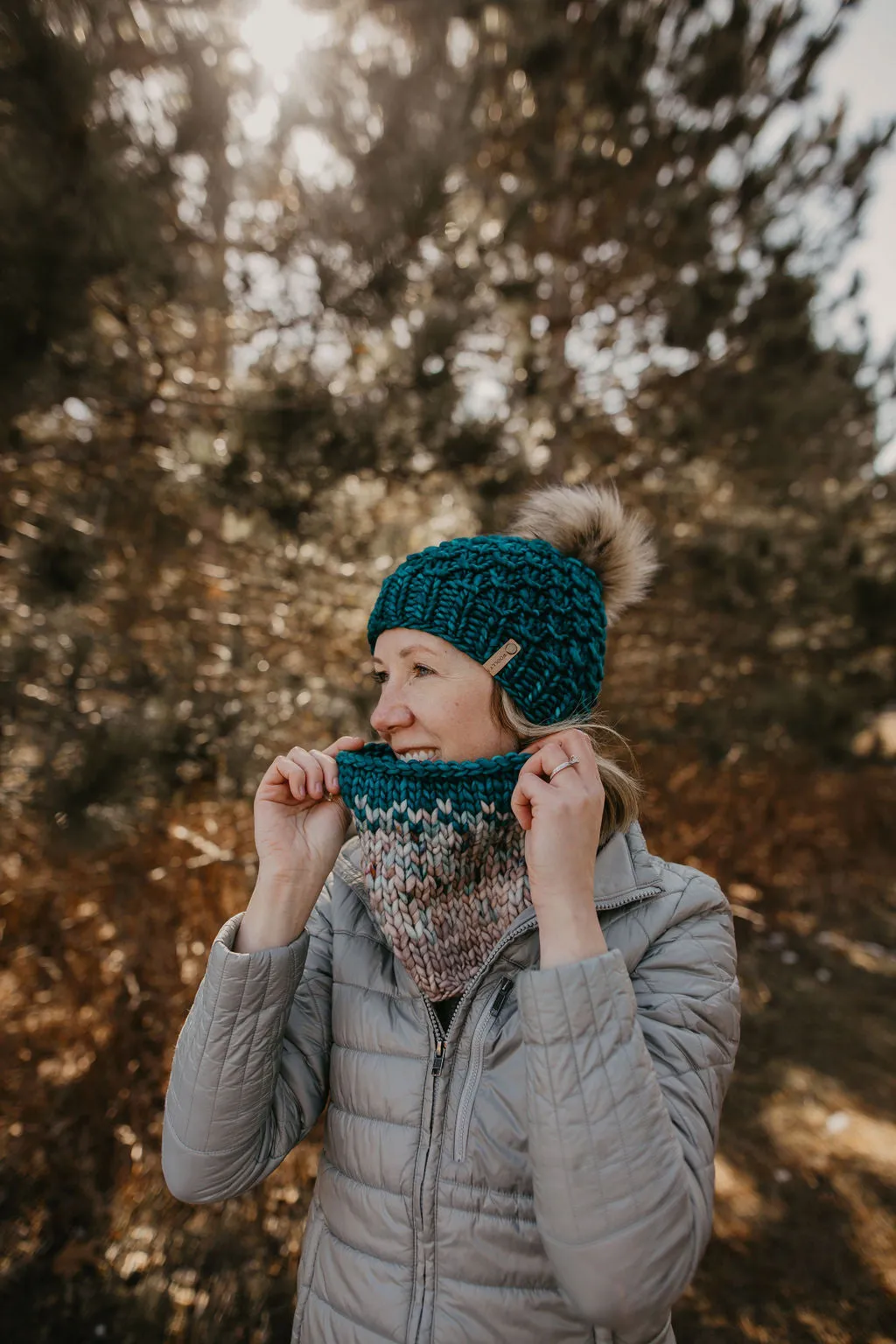 Teal Merino Wool Knit Hat with Faux Fur Pom Pom