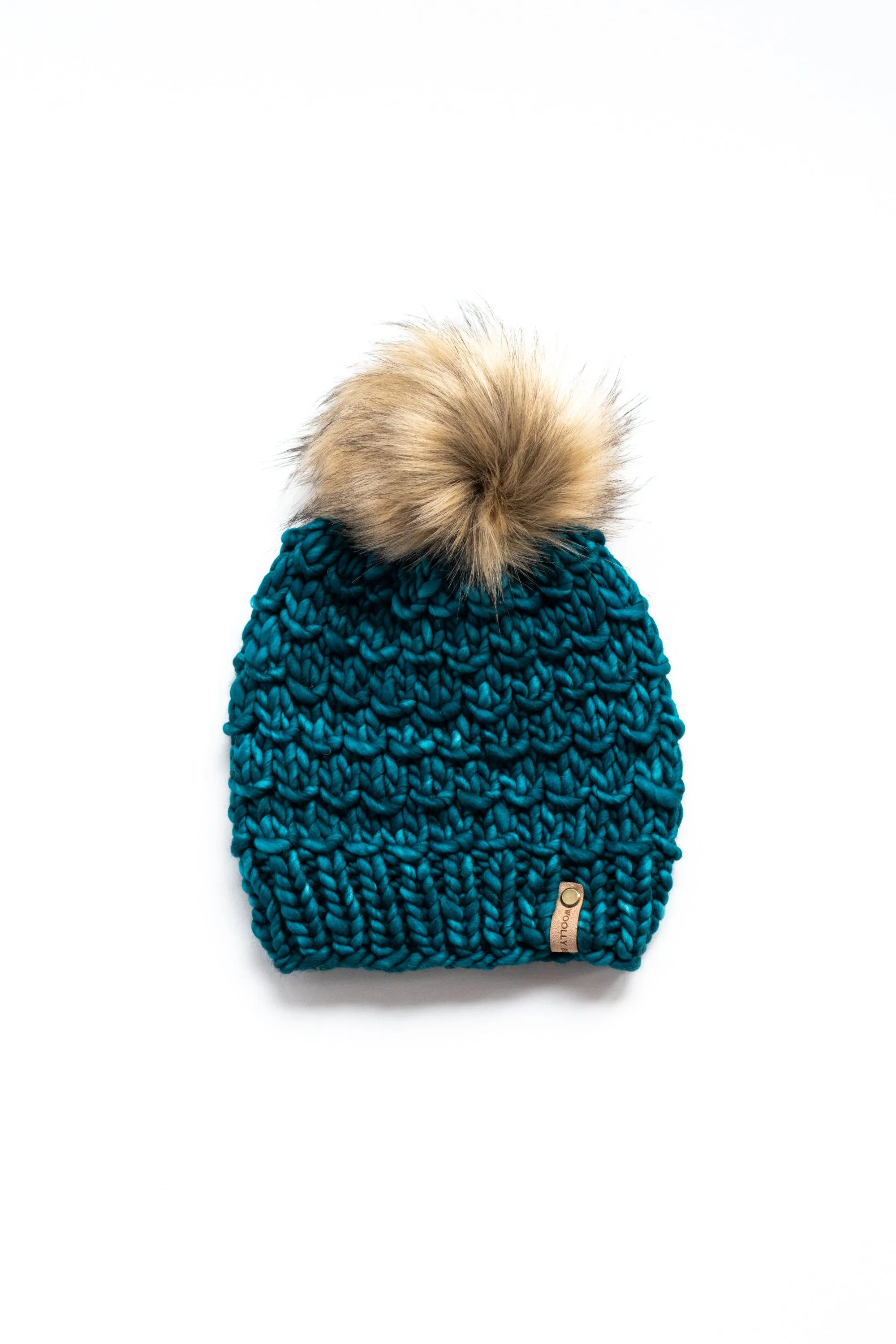 Teal Merino Wool Knit Hat with Faux Fur Pom Pom