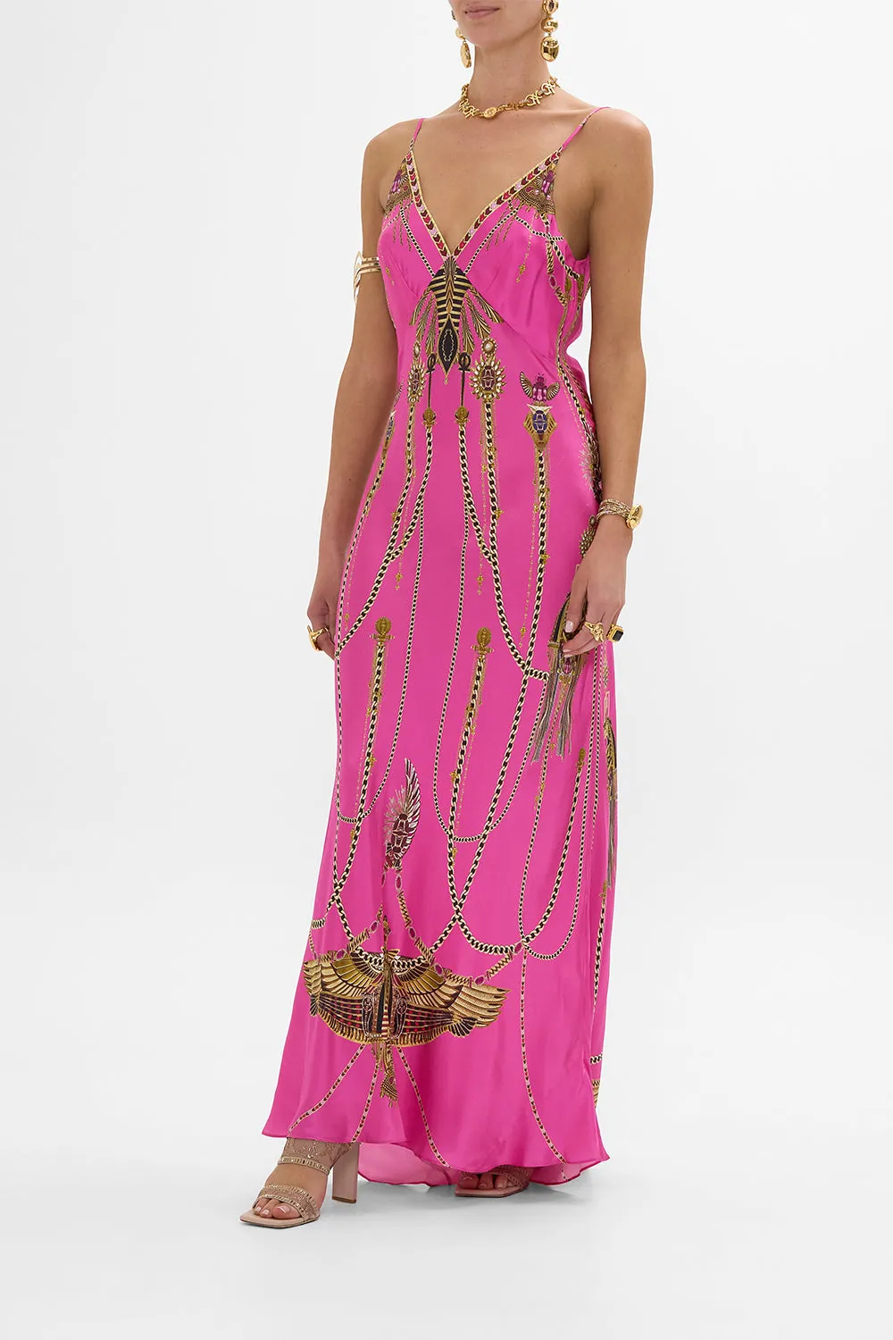 V NECK LONG BIAS SLIP DRESS WITH TRAIN SONG OF THE SCARAB