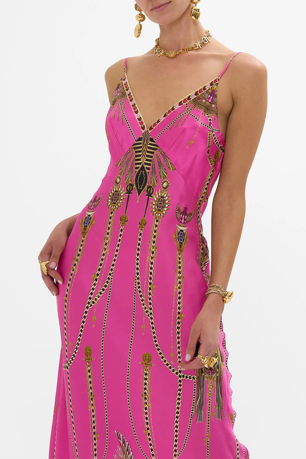 V NECK LONG BIAS SLIP DRESS WITH TRAIN SONG OF THE SCARAB