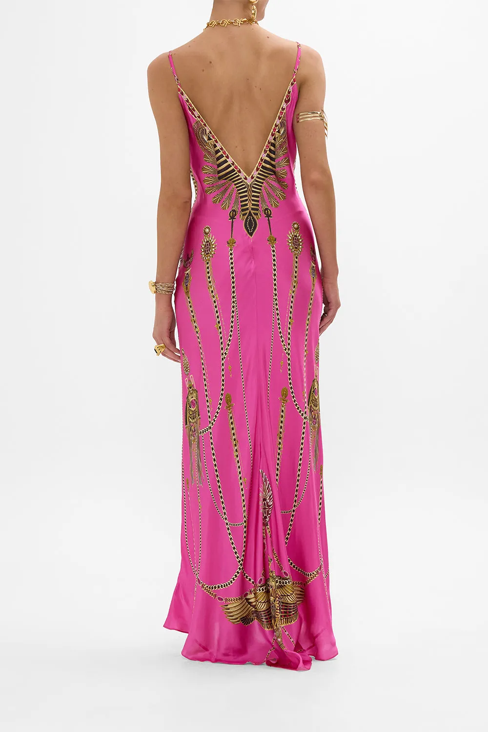 V NECK LONG BIAS SLIP DRESS WITH TRAIN SONG OF THE SCARAB