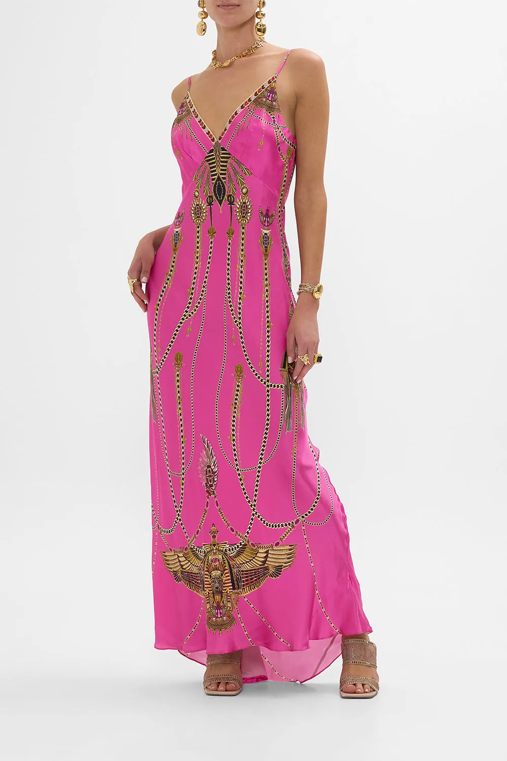 V NECK LONG BIAS SLIP DRESS WITH TRAIN SONG OF THE SCARAB