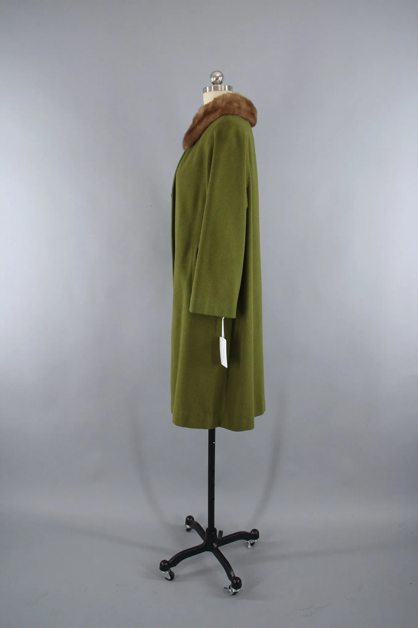 Vintage 1960s Cashmere Coat in Olive Army Green with Fur Collar