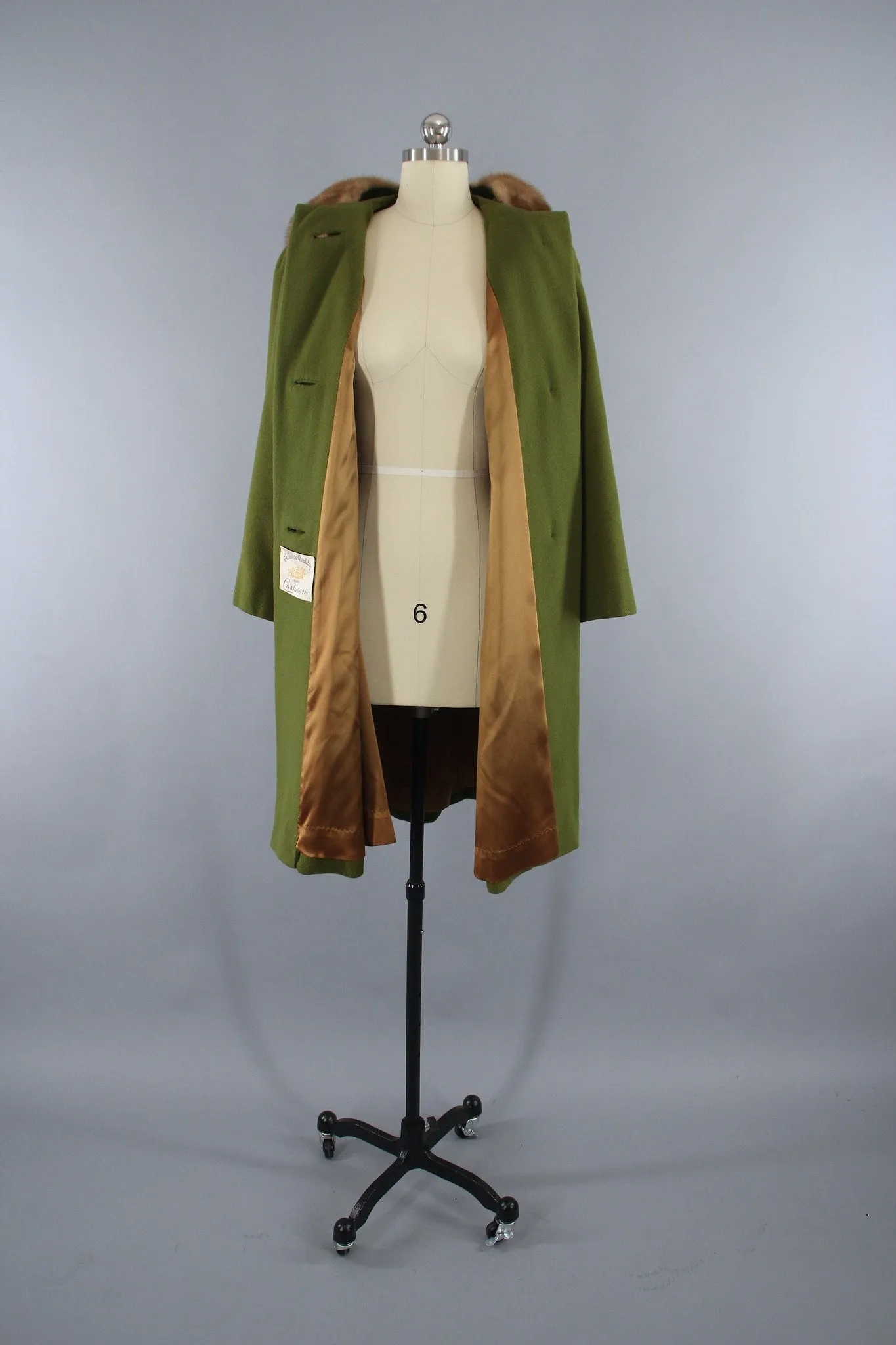 Vintage 1960s Cashmere Coat in Olive Army Green with Fur Collar