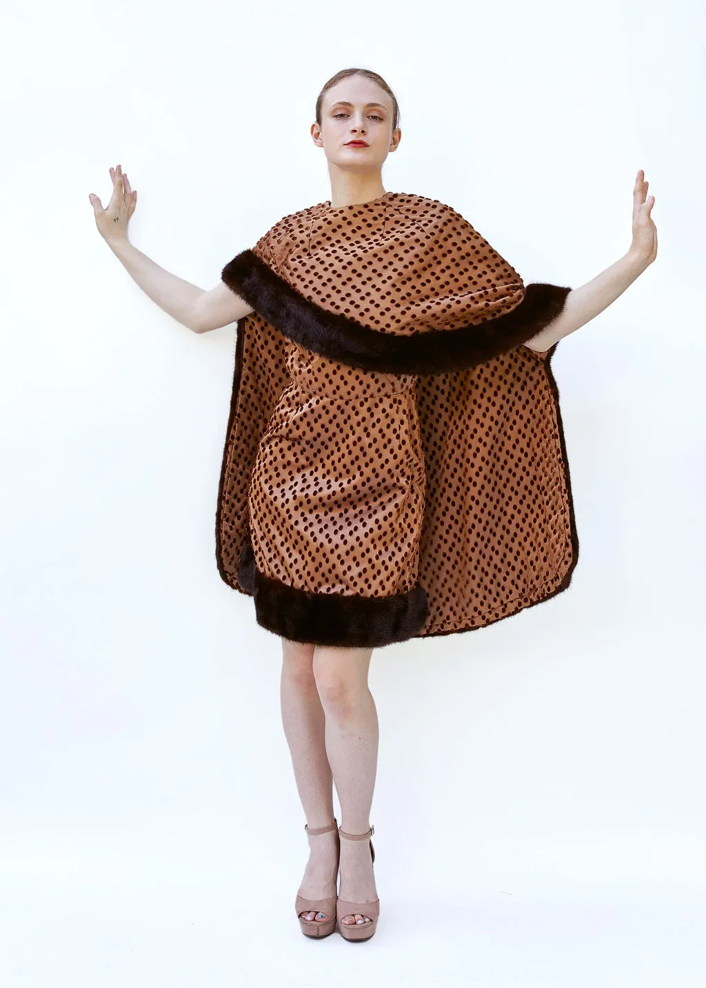 Vintage Brown Polka Dot 1960's Mink Dress & Cape set