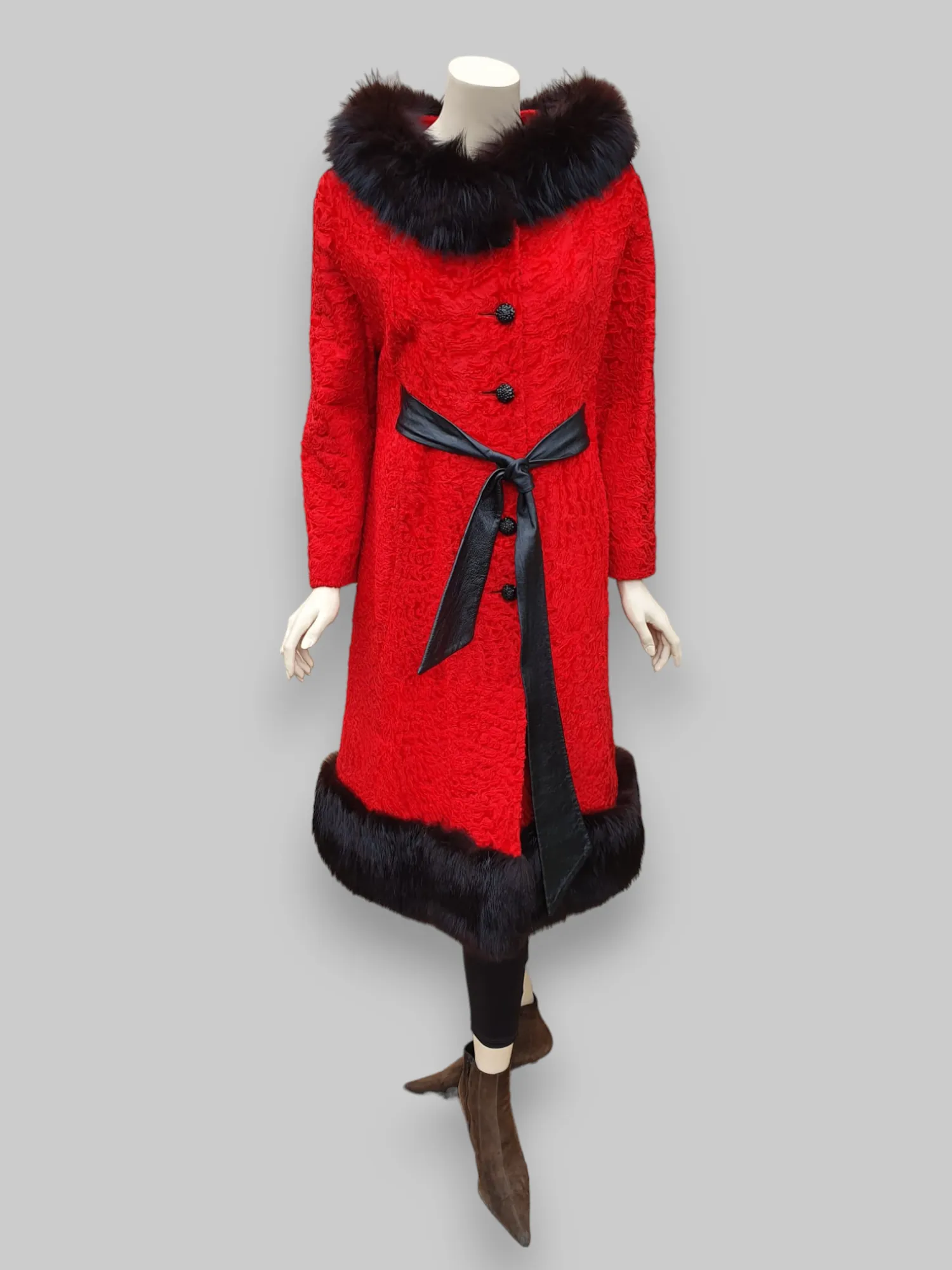 Vintage Red American Broadtail & Fox Fur Coat -Medium