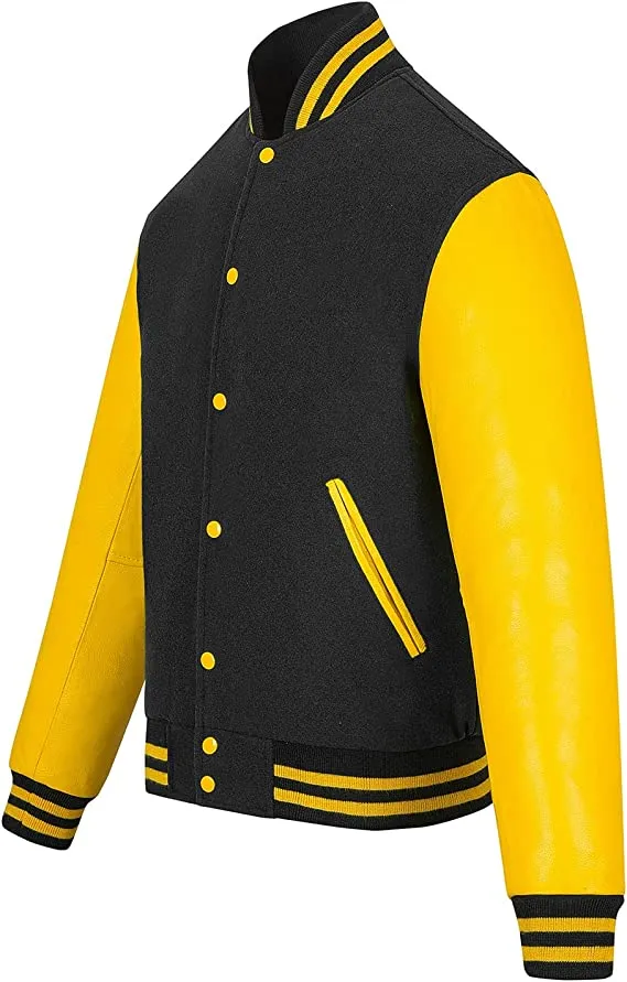 Warrior Gears Classic Hybrid Varsity Jacket University Letterman Bomber Jacket, Pure Wool & Original Cowhide Leather Jacket, Black Pure Wool Body & Yellow Real Leather Sleeves