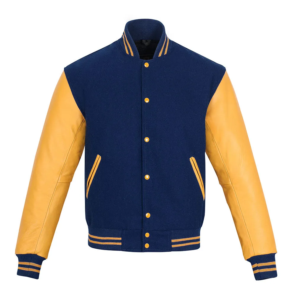 Warrior Gears Classic Hybrid Varsity Jacket University Letterman Bomber Jacket, Pure Wool & Original Cowhide Leather Jacket, Navy Blue Pure Wool Body & Goldish Yellow Real Leather Sleeves