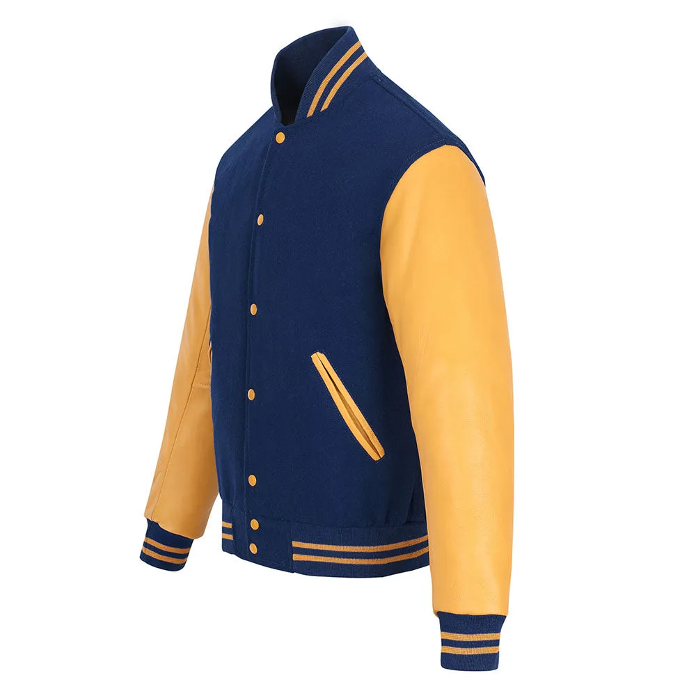 Warrior Gears Classic Hybrid Varsity Jacket University Letterman Bomber Jacket, Pure Wool & Original Cowhide Leather Jacket, Navy Blue Pure Wool Body & Goldish Yellow Real Leather Sleeves