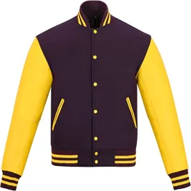 Warrior Gears Classic Hybrid Varsity Jacket University Letterman Bomber Jacket, Pure Wool & Original Cowhide Leather Jacket, Purple Pure Wool Body & Yellow Real Leather Sleeves