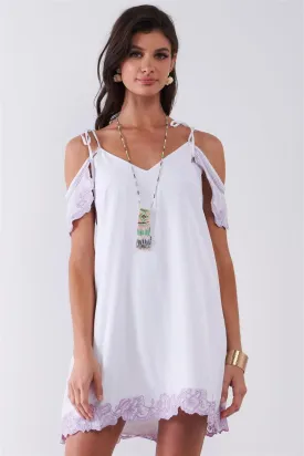 White & Purple Floral Embroidery Detail Wing Mini Sleeve V-Neck Relaxed Mini Dress /1-2-2-1