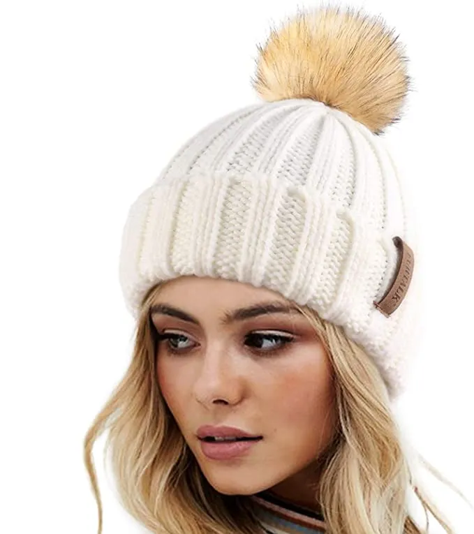 Winter Yellow Knit Pom Pom Faux Fur Beanie Hat