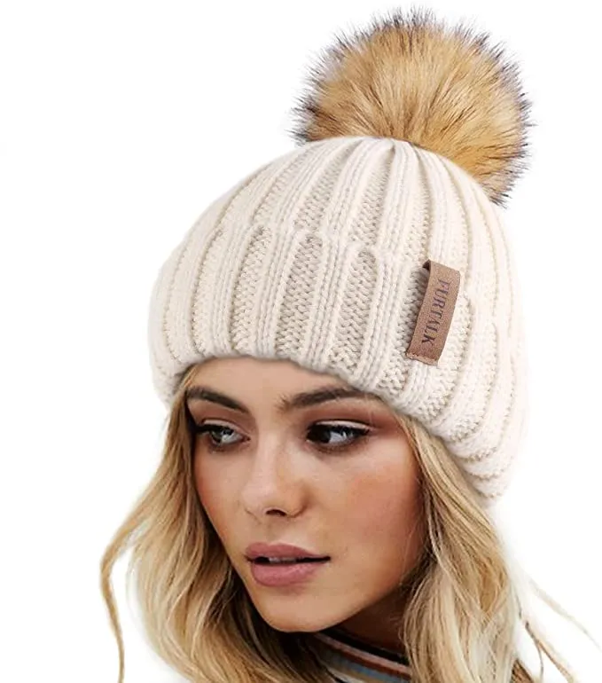 Winter Yellow Knit Pom Pom Faux Fur Beanie Hat