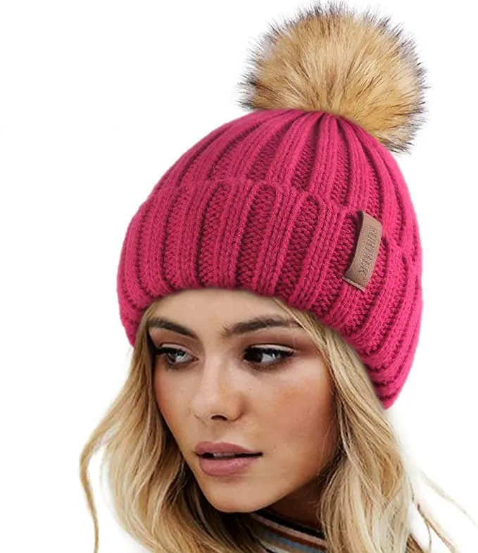 Winter Yellow Knit Pom Pom Faux Fur Beanie Hat