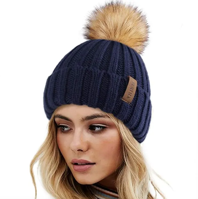 Winter Yellow Knit Pom Pom Faux Fur Beanie Hat