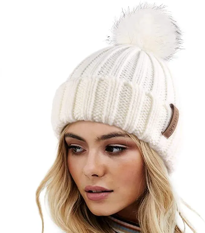 Winter Yellow Knit Pom Pom Faux Fur Beanie Hat