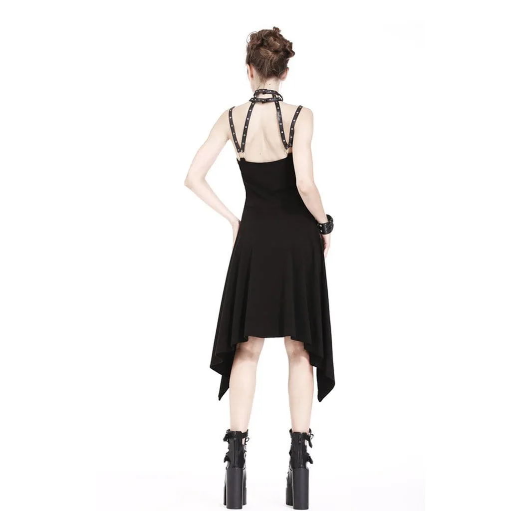 Women's Halterneck Irregular Goth Slip Dress With Faux Leather Straps