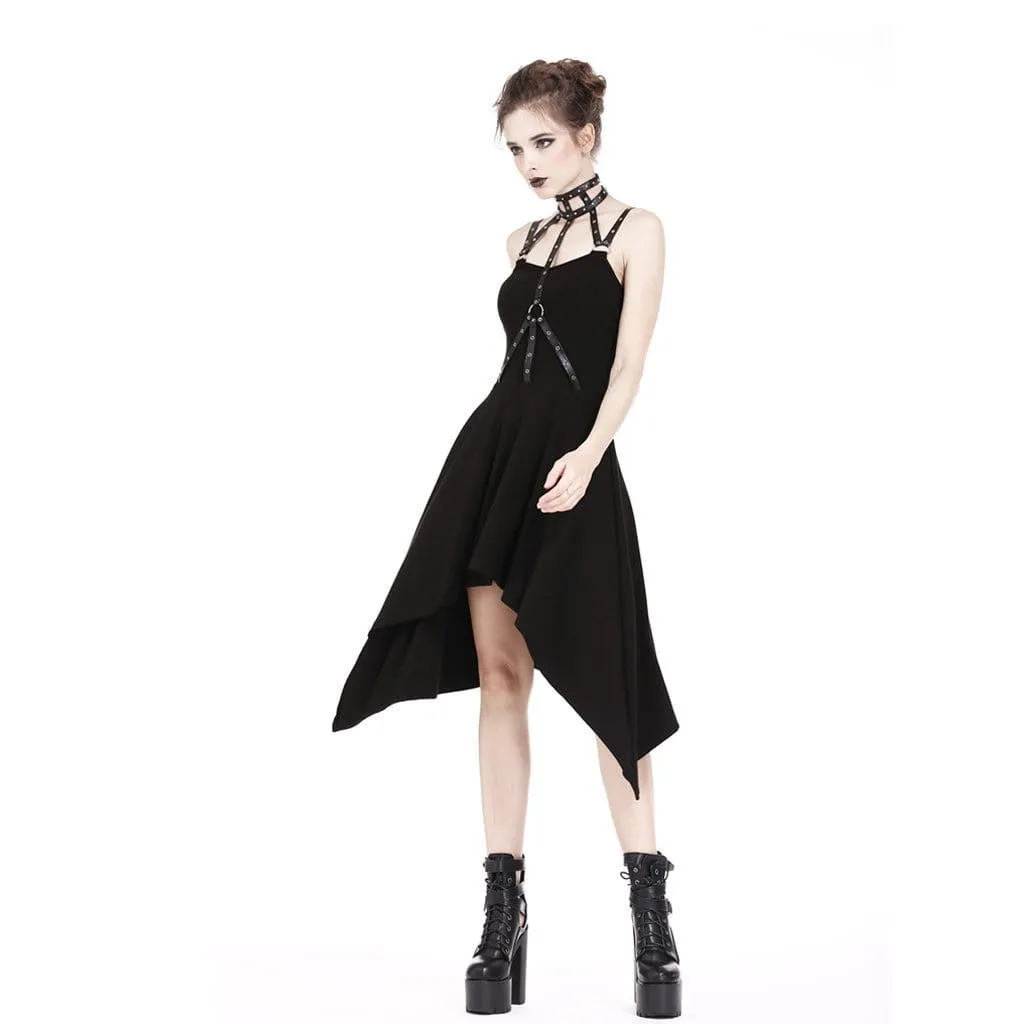 Women's Halterneck Irregular Goth Slip Dress With Faux Leather Straps