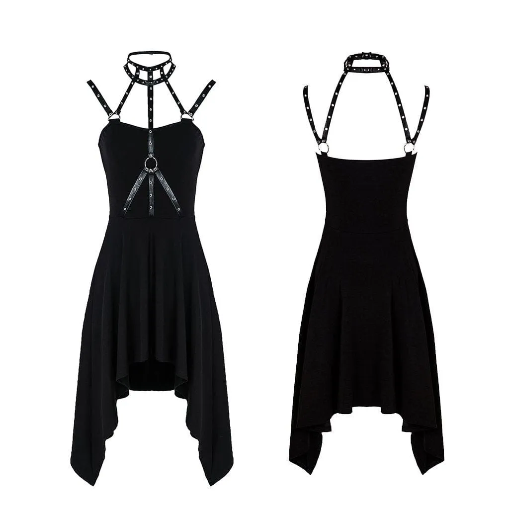 Women's Halterneck Irregular Goth Slip Dress With Faux Leather Straps