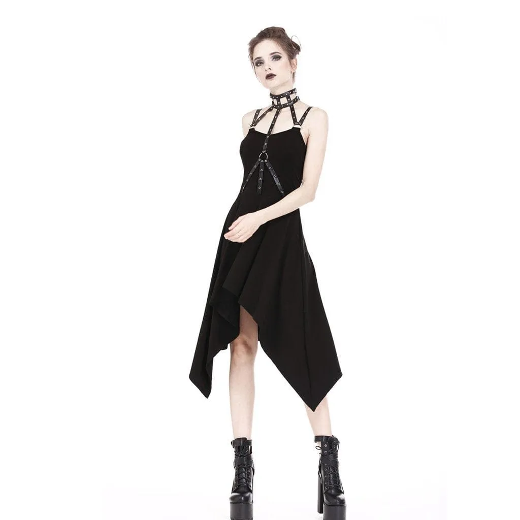 Women's Halterneck Irregular Goth Slip Dress With Faux Leather Straps